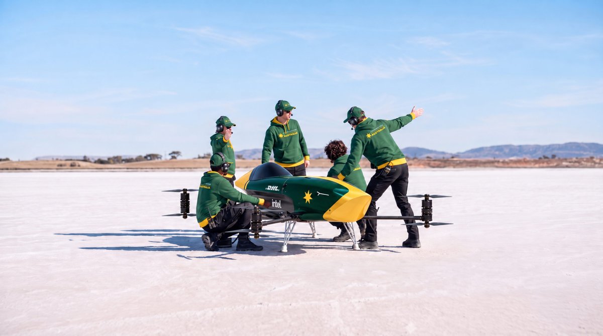 Airspeeder Team Australia crew with their Mk3C on a salt flat