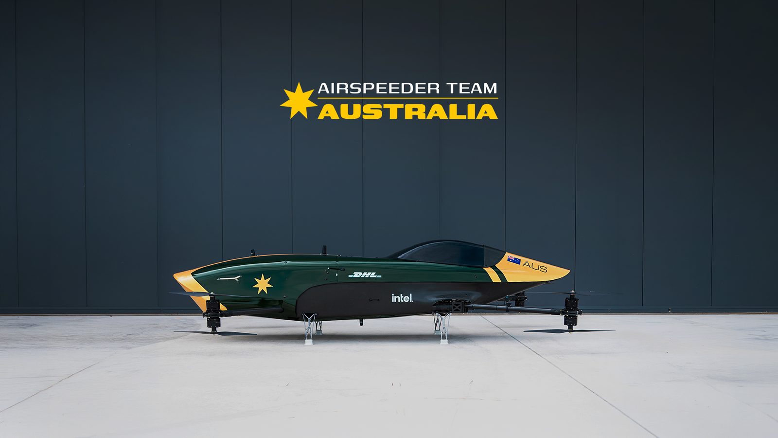 Airspeeder Team Australia Mk3C speeder in green and gold livery