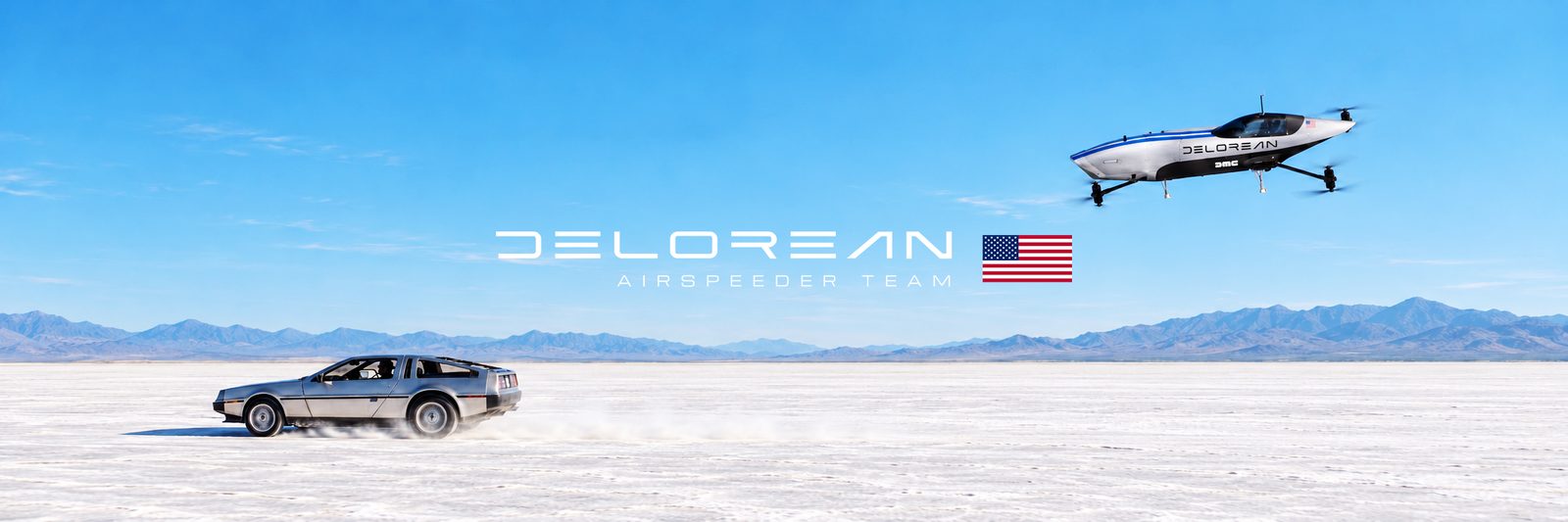 A Mk3C in DeLorean Airspeeder Team livery flies over a salt flat as a DeLorean car drives below